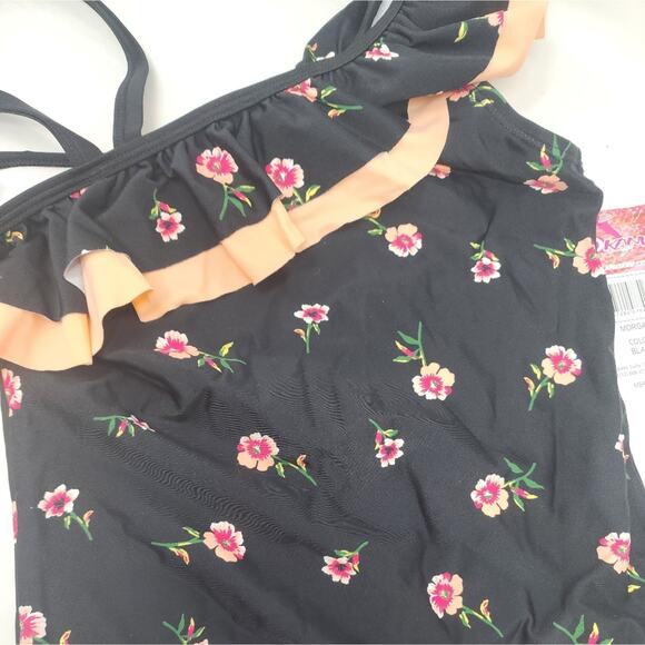 Kanu Surf New Girls Swimsuit Floral One Shoulder Black Tangerine Girls Size 14 - Picture 3 of 7